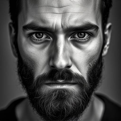 A black and white portrait of a man with a beard, looking intensely at the camera.