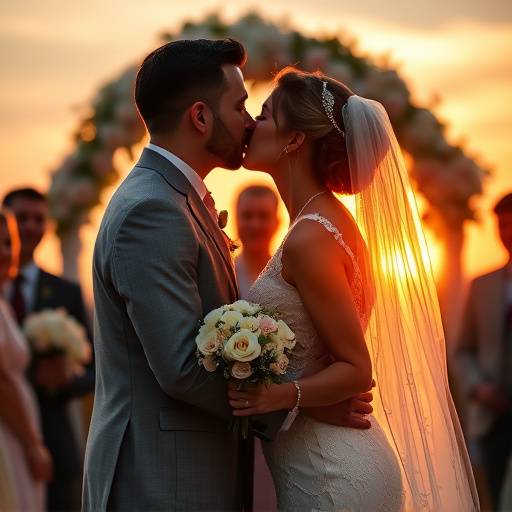 A bride and groom sharing a kiss during their wedding ceremony.
