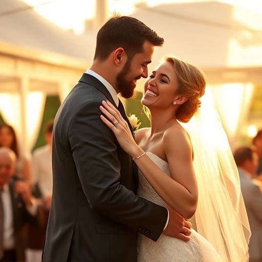 A candid shot of a bride and groom laughing during their first dance at their outdoor wedding reception, bathed in golden sunlight.