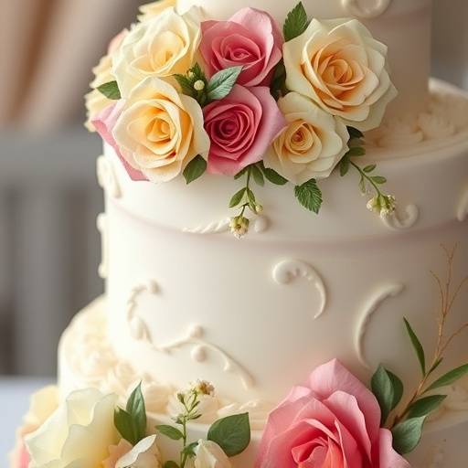 A close-up shot of a wedding cake with intricate floral decorations.
