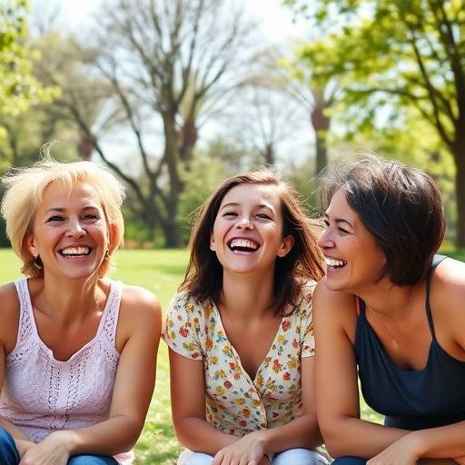 A color photograph of a family laughing together in a park.