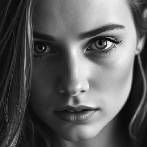A dramatic black and white portrait of a young woman with intense eyes, captured in a studio setting with soft lighting.