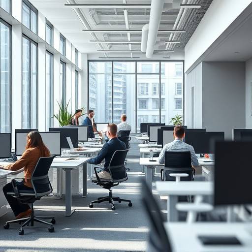 A photograph of a modern office space with people working at their desks.