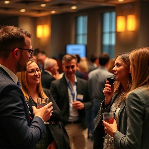 A photograph of the attendees enjoying the networking part of a business conference, with people engaging in conversations with drinks in their hands.