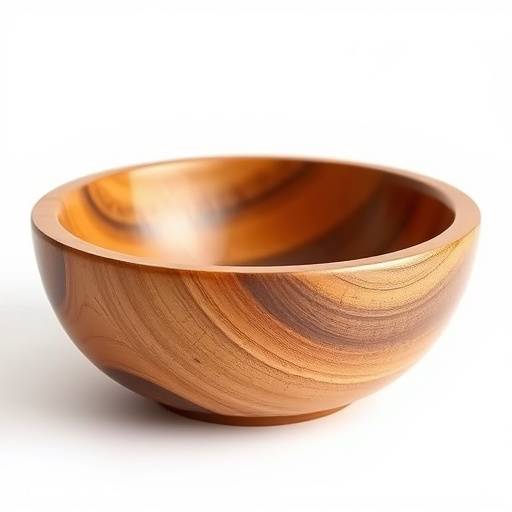A product shot of a handcrafted wooden bowl on a white background.