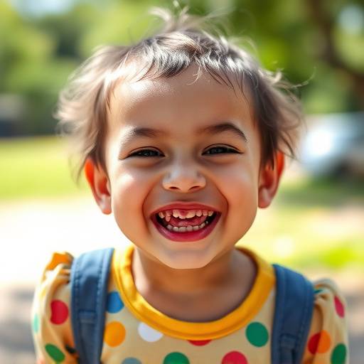 A vibrant color portrait of a child smiling joyfully, taken outdoors in a natural light setting.