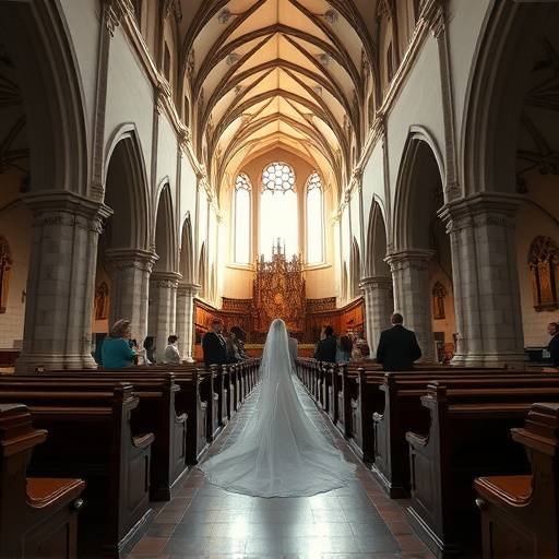 A wide-angle shot capturing the grandeur of a wedding ceremony held in a historic church, with the bride walking down the aisle.