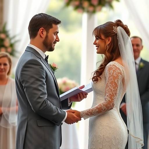 Candid shot of a bride and groom exchanging vows at their wedding.