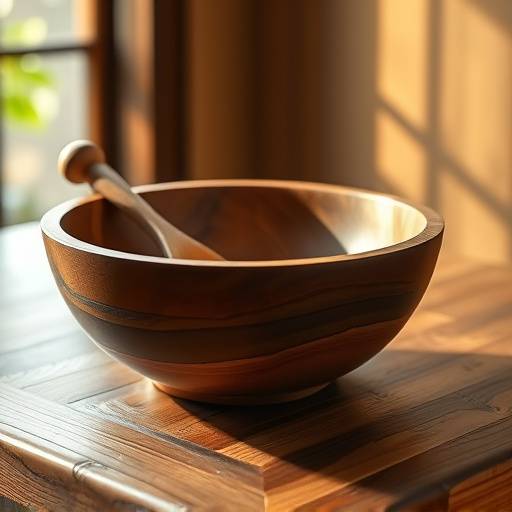 Product shot of a handcrafted wooden bowl with natural lighting.